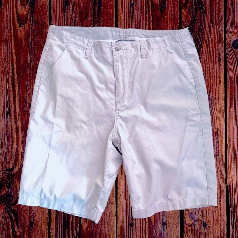 CALVIN KLEIN Linen Shorts Mens 36 Light Gray Chino Style Flat Front Summer